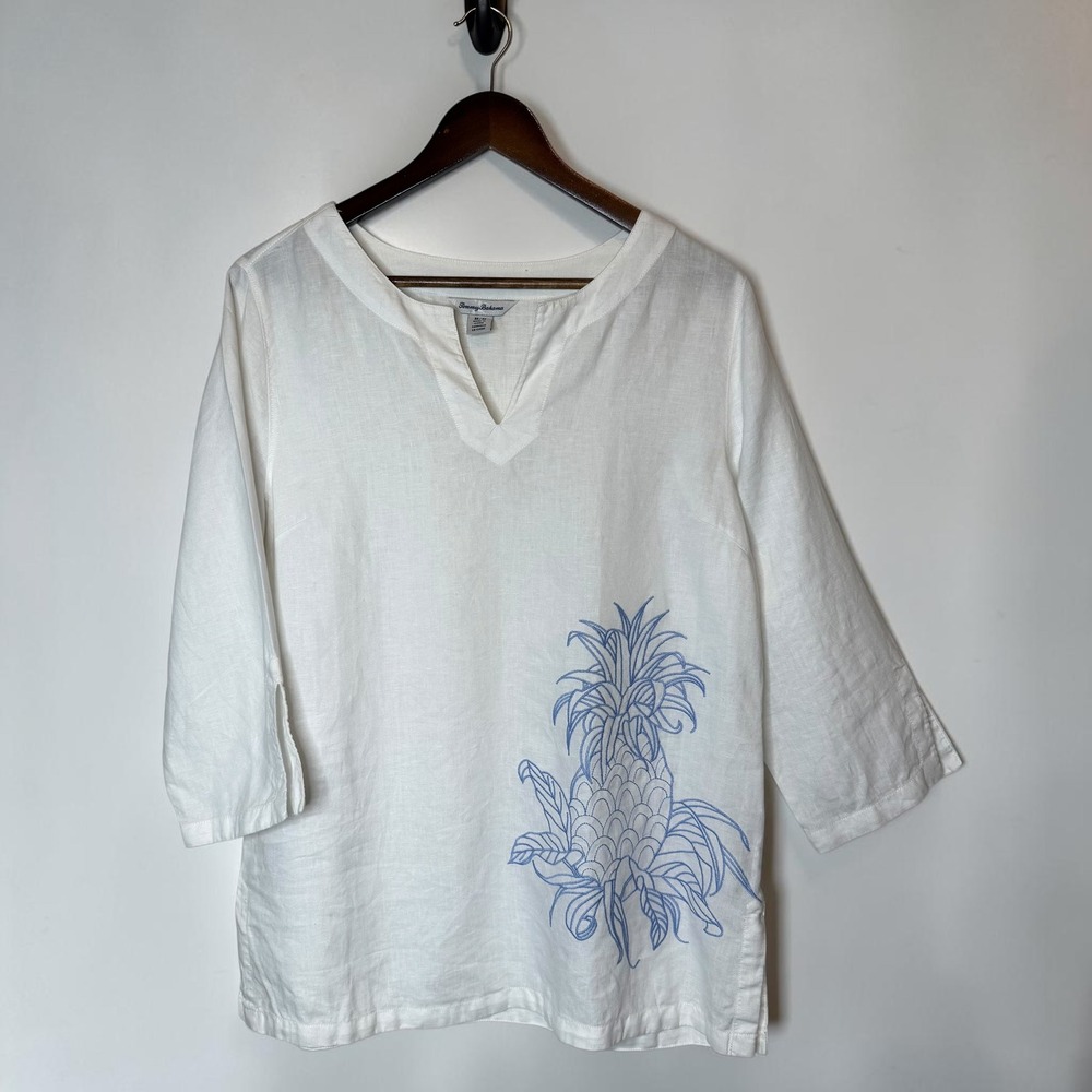 Tommy Bahama White Two Palms Linen Embroidered Pineapple Tunic Top Resort Wear M